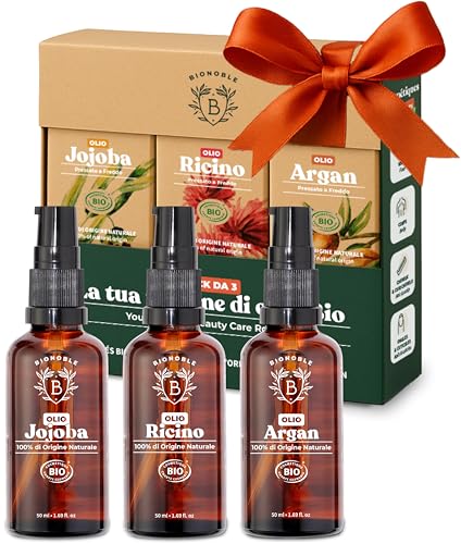 Bionoble Skincare Kit 3x50ml - Olio di Ricino, Argan & Jojoba Bio - Viso, Corpo e Capelli - Regalo Donna Compleanno