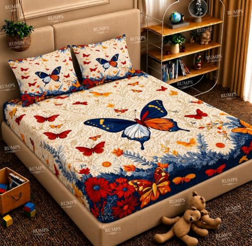 Image of RUMPS 7D HD Digital Printed Butterfly Floral King Size Bedsheet with 2 Pillow Covers | Luxury Butterfly Flower Bedding Set 90x100 Inch