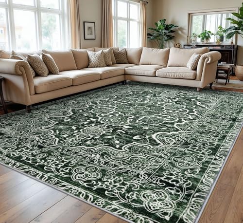 KUTA Dark Green Area Rug 9x12 Living Room, Washable Large Rugs for Bedroom 9ft x 12ft Non-Slip, Ultra Soft Printed Vintage Medallion Dining Room Low-Pile Carpet for Office