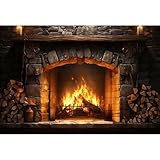 Laeacco 10x8ft Vintage Brick Stone Fireplace Backdrop Burning Firewoods Photography Background for Halloween Christmas Interior Decor Baby Shower Birthday Party Cake Table Banner Photo Booth Props