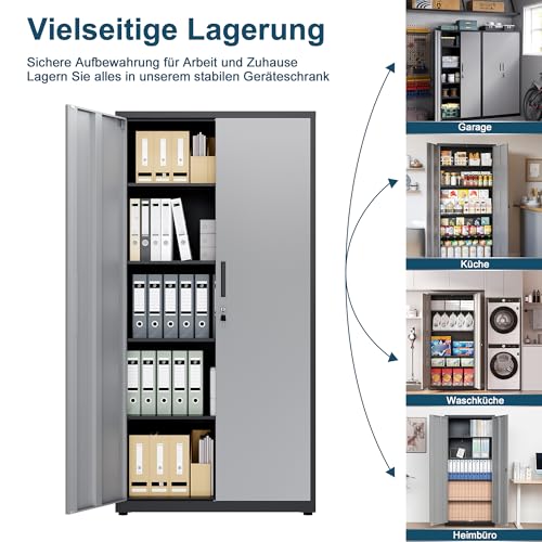 Aktenschrank, Mehrzweckschrank, Stahl-Aufbewahrungsschrank, Werkstattschrank, 180 x 80 x 40 cm, Schwarz Silber