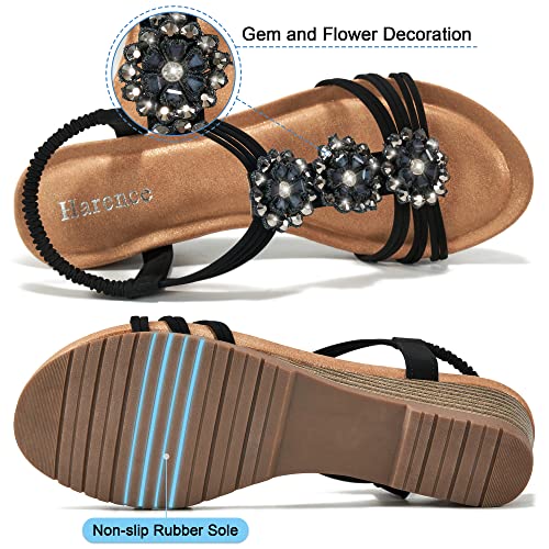 Image of HARENCE Wedge Sandals for Women Dressy: Comfortable Elastic Ankle Strap Low Heel Open Toe Flower Summer Shoes