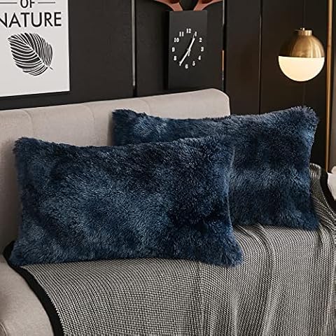 WERDIM Shaggy Faux Fur Pillowcases 2 Pack Button Closure Velvet Pillow Shams King Size (Tie Dye Navy, 20 X 36 Inches) Cover