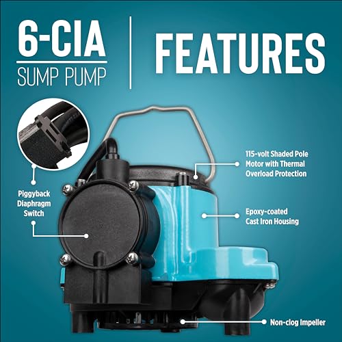 Image of Little Giant 6-CIA-RS 115 Volt, 1 /3 HP, 2760 GPH Cast Iron Sump Pump with Piggyback Diaphragm Switch and 10-Ft. Cord, Blue, 506267