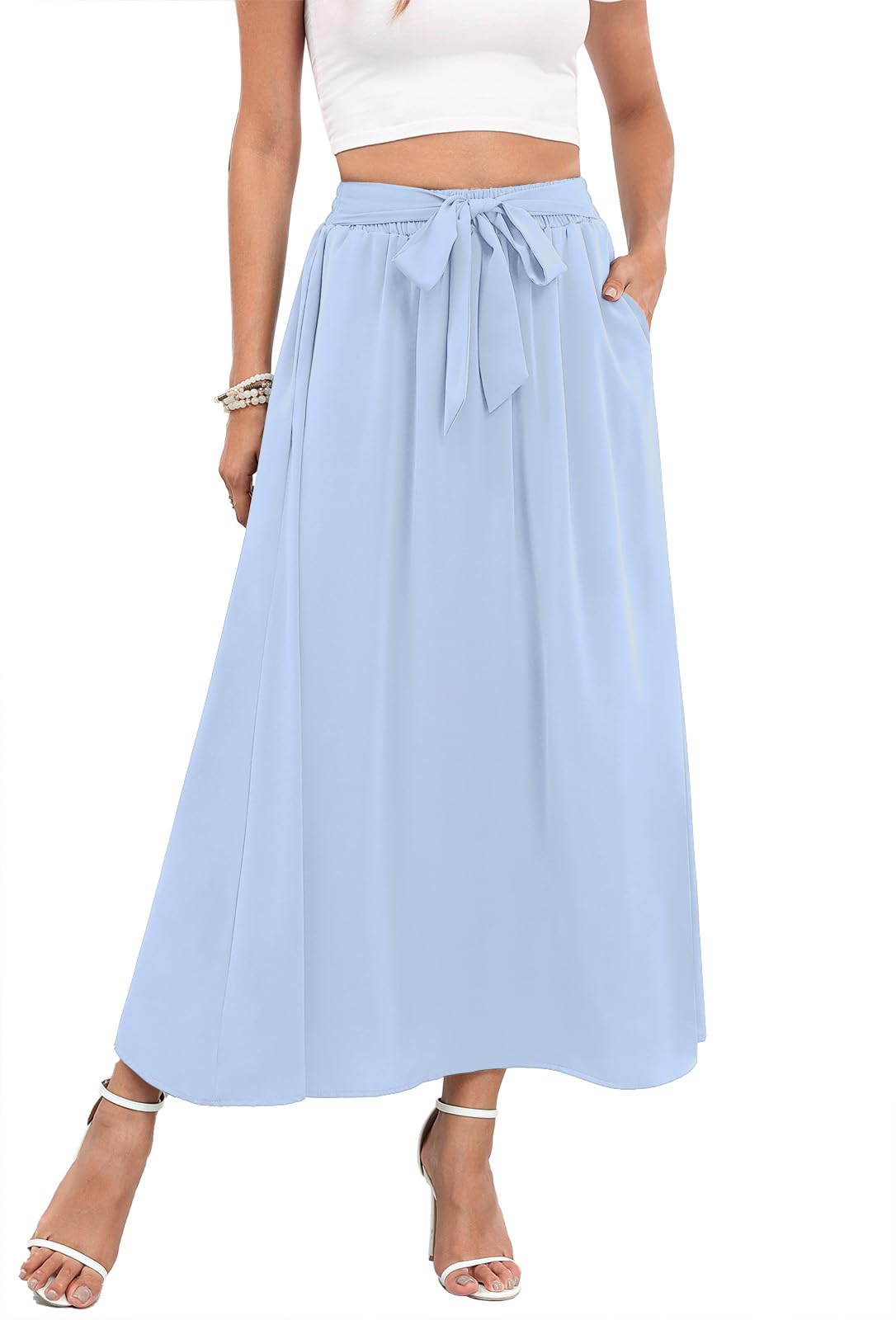 Askyes Womens Maxi Skirt Summer Trendy Tie Knot Elastic High Waisted Boho Casual Beach Flowy Swing Long Skirts with Pockets