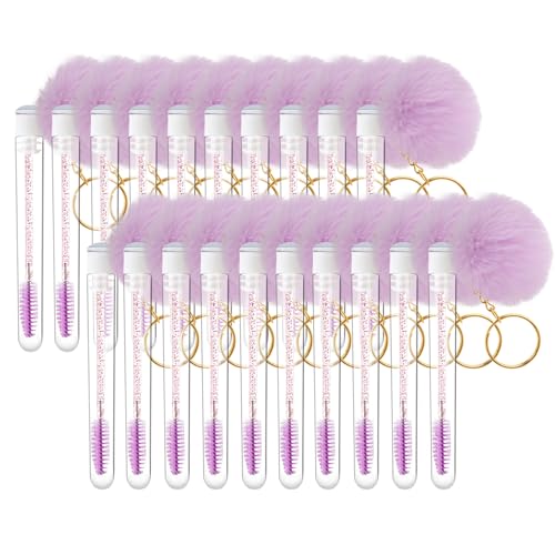 Mekupeu 20pcs Disposable Lash Cleaning Spoolie Brushes Tube Mascara Wands Faux Fur Ball Keyring Eyelash Brush Makeup Tool Applicator Set(Purple)