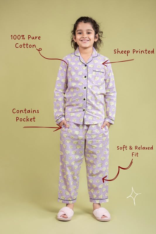 Tweeny Mini Girls Kids Pure Cotton Night Suit | Night Dress Cute Sheep Printed Nightwear with Full Sleeve Shirt & Pyjama Combo Set Sleepwear (8-9 Years, Lavender)
