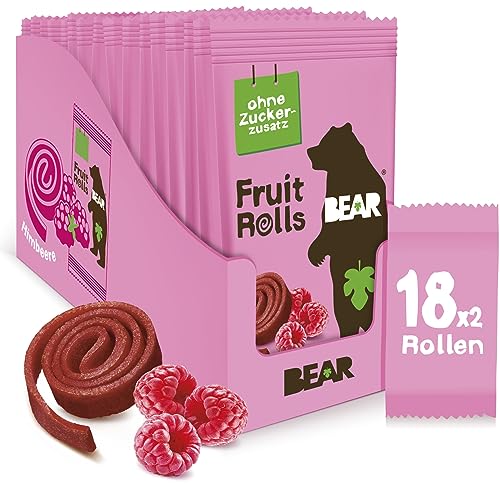 BEAR Fruchtrollen Himbeere | 100% Natürliche Inhaltsstoffe | Ohne Zusatz von Zucker | Gesunder Snack für Kinder & Erwachsene | 18 Beutel x 20g | 360g