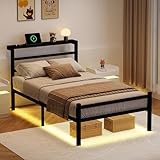Twin Bed Frames for Kids, Metal Platform Bed Frame Twin Size with Charging Station and LED Lights, Headboard Storage Shelf, Heavy Duty Metal Slats, No Box Spring Needed, Easy Assembly, Black