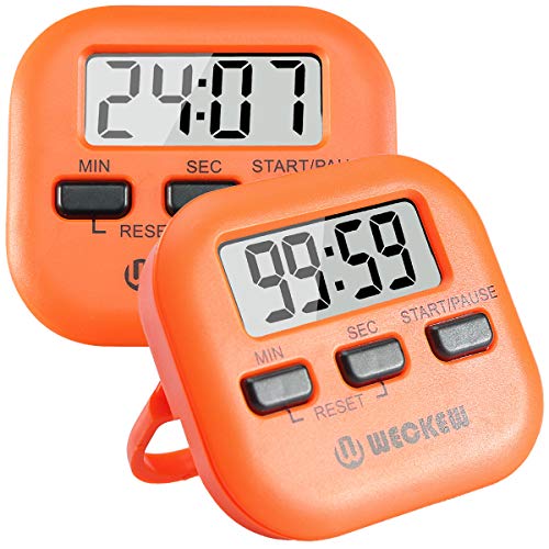 Kitchen Timer, WECKEW 2 Pack Digital Kitchen Timer Magnetic Countdown Stopwatch Timer with Loud Alarm, Big Digit, Back Stand, Hanging Hole for Cooking, Shower, Bathroom, Kids, Teacher(Orange)