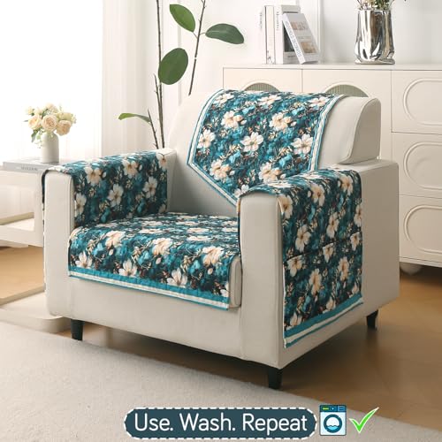 Image of HOKIPO 'Florentina Series' Premium Holland Velvet Sofa Cover Mat for 1 Seater Sofa with Foam Filling for Extra Softness, Anti-Slip Backing, Pansies Teal (IN-878-V5*1)