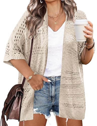 IN'VOLAND Plus Size Summer Cardigans for Women Lightweight Crochet Short Sleeve Boho Kimonos Knitted Cardigan Beige