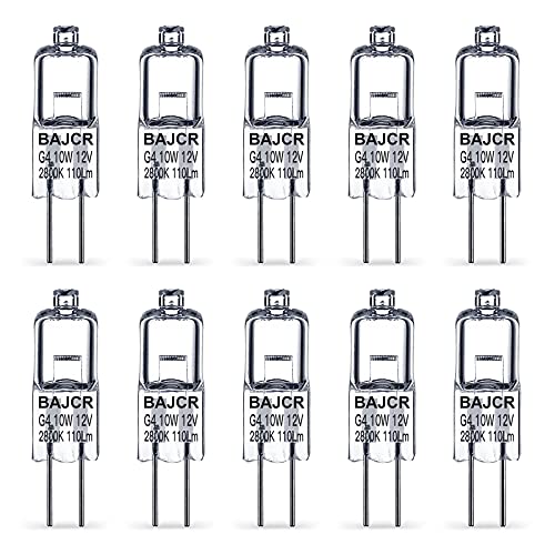 BAJCR G4 Halogen Bulb 10W, 10 Pack Dimmable G4 Light Bulb for Under Cabinet Puck Light, Chandeliers, Track Lighting, AC/DC 12 Volt, T3 JC Type Bi-Pin G4 Base, Warm White 2800K