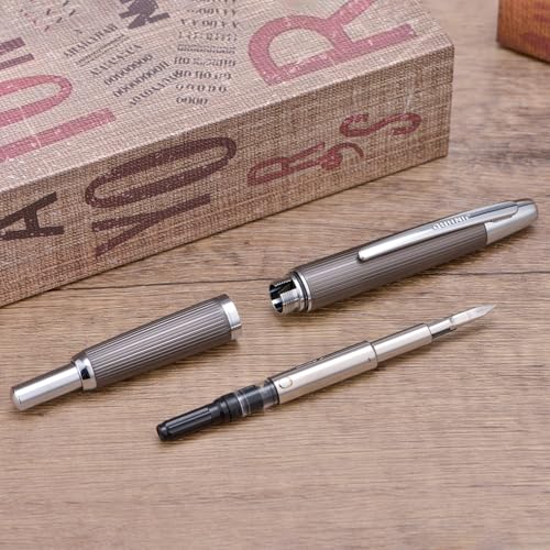 Image of Jinhao 10 Press Fountain Pen with Box, Brushed Matte Grey, Retractable Extra Fine Nib with Ink Converter Set (Silver Clip)