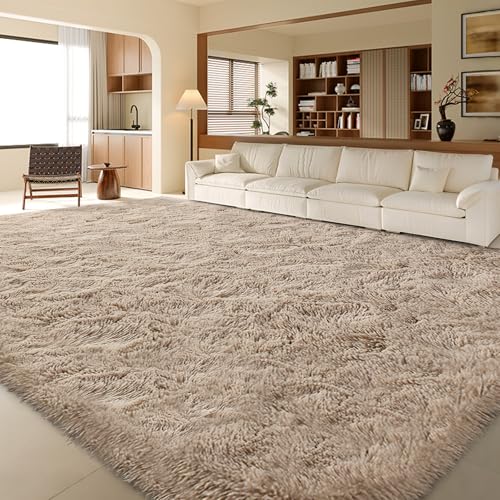 FinRéc 9x12 ft Tan Shag Rug for Living Room & Bedroom