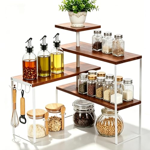 JUJOYBD Étagère d'angle de cuisine à 4 niveaux - Étagère à épices pour plan de travail et coin café, petite étagère debout sans perçage en bois et...