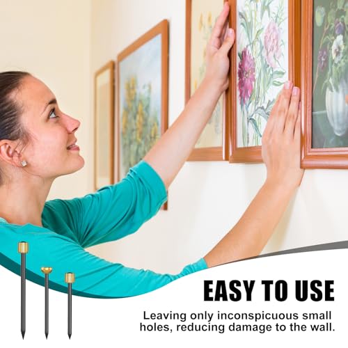 Image of 90 Pcs Nails for Hanging Pictures, 3 Different Size Small Nail for Picture Hangings Sturdy Pictures Frame Nail Picture Hanging Nails with Plastic Box (Black Gold)