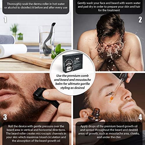 uLab Ultimate Gorilla Beard Growth Kit with Derma Roller, Beard Oil, Beard Balm and Foldable Styling Comb - Gift Set for Men For Beard Growth, Styling and Care - Contains Microneedle Titanium Roller