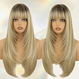 Ombre Blonde Long Straight Layered Wig with Bangs for Women 26 inch Dark Root to Blonde Put on Go Realistic Synthetic Heat Resistant Natural Wig for Girls Party Cosplay and Daily Use