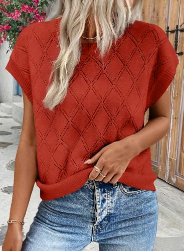 Image of SHEWIN Womens Tops Crewneck Cable Knit Short Sleeve Sweater Loose Lightweight Blouses Dressy Casual Pullover Sweaters Top