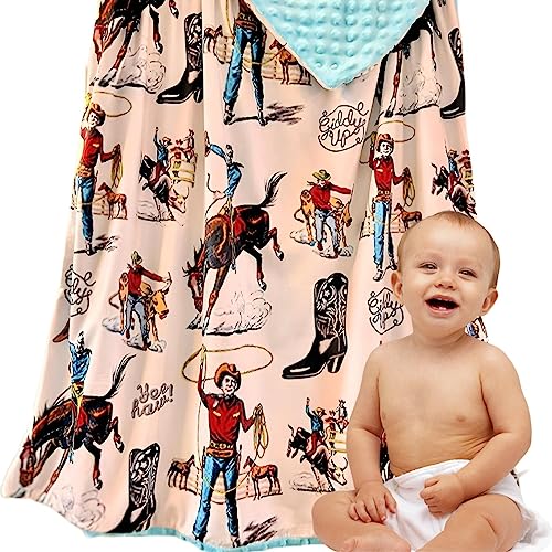 Image of Western Baby Blanket, Cowboy Blanket Baby Wild West Country Western, Farm House Horse Blanket Gift Baby Cowgirl Cowboy Minky Soft Receiving Security Bed Swadling Throw Blanket (Ivory Yeehaw)