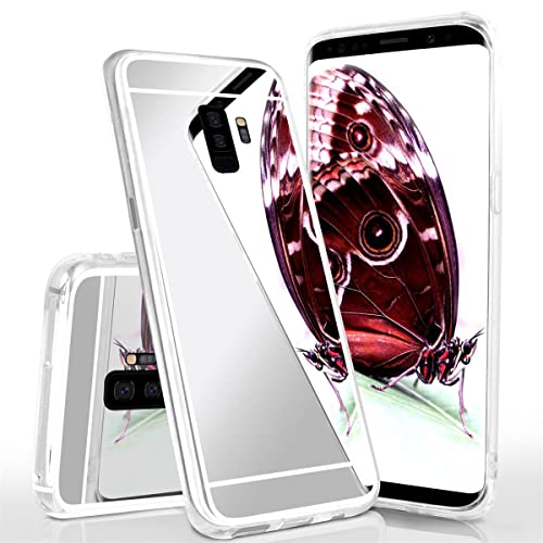moex Funda con espejo para Samsung Galaxy S9 Plus con espejo y protección de bordes ampliada de silicona, carcasa trasera espejada, elegante carcasa fina para teléfono móvil, color plateado