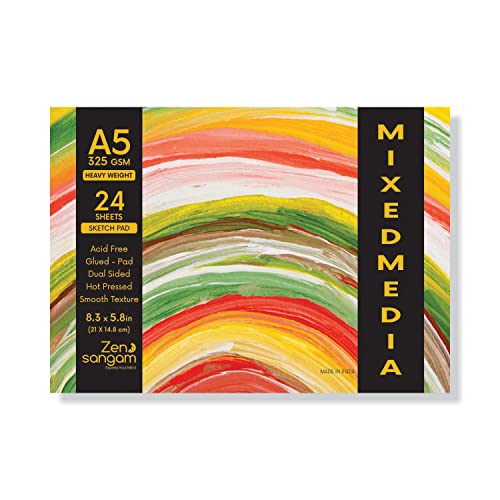 Image of Zen Sangam Artists' A5 Heavy Weight Mixed Media Glued Sketch Paper Pad - 325GSM, Hot Pressed - 24 Sheets - Smooth Texture Surface (14.8x21cm) For Heavy-body Paints, Calligraphy and Brush Pen Lettering