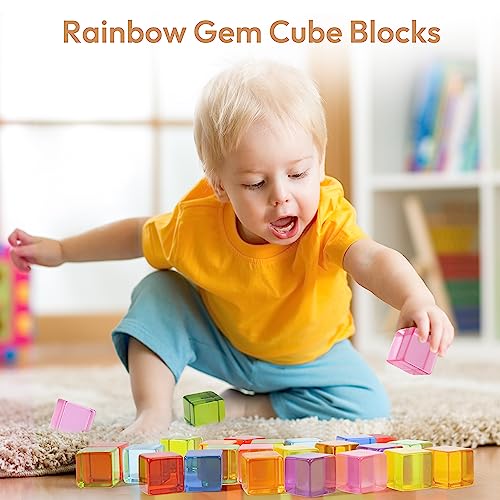 Woodtoe Wooden Building Blocks Set for Kids, 36 PCS Rainbow Acrylic Gem Cubes Blocks - 3 Wood House, Montessori Stacking Toy for Toddlers, Educational STEM Easter Toys for Boys Girls 3-6