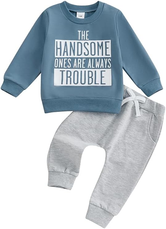 Baby Boy Fall Clothes Set Long Sleeve Letter Print Sweatshirt Pants Toddler Infant Outfits 6 12 18 24 Months 2T