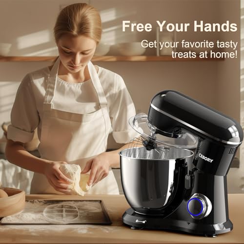 Image of CEBORY 3-IN-1 Electric Stand Mixer, 6.5QT Bowl 660W 10-Speed Kitchen Mixer, Household Food Mixers include Dough Hook, Beater and Whisk, Bread Cake Mixer for Baking and Most Home Cooks, Black