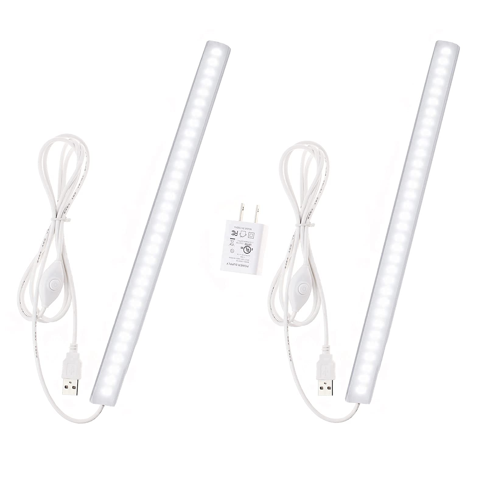 LED Under Cabinet Lighting, 6000K Dimmable Under-counter Light Fixtures, 12inch, USB Powered Cabinet Light for Kitchen, Shelf, Desk, One Light with Plug and One Light without Plug