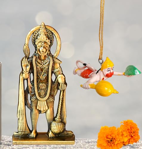 Image of Combo Hanuman ji Idol with Double Sided Design and Flying Bajrangbali Haging Ornament for Home Temple & Car Dashboard,Office,Gift-Brass Statue for Good Luck (Gold)(Pack of 02)