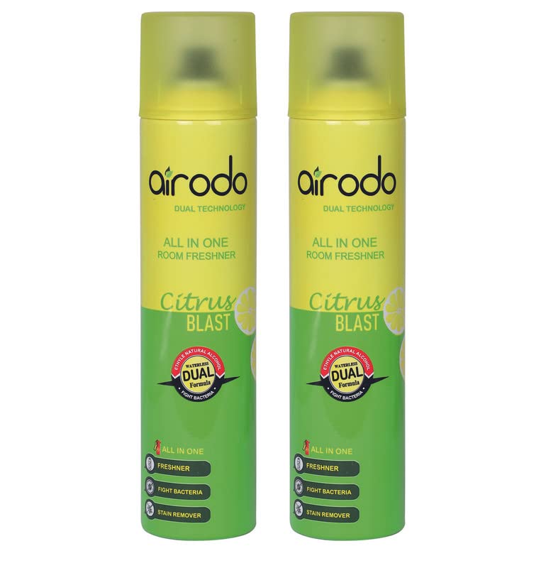 Image of AIRODO Citrus Blast Air Freshener with Dual Technology, Easy Push and Spray, Stain Removal Floral Crush, All in One Room Freshener for Home and Office (250ml, Pack of 2)