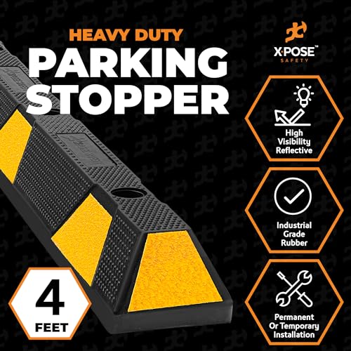 Image of Xpose Safety 48 inch Heavy Duty Rubber Parking Stopper (2 Pack) - Wheel Stops, Parking Lot Bumpers & Rubber Parking Curb for Garage, Driveway or Ramp - Car Bumper Stops with Yellow Reflective Strips