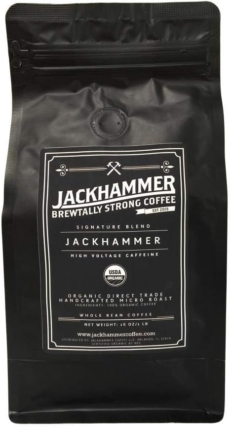 JACKHAMMER High Voltage Caffeine Organic Coffee, Whole Bean, 1 LB