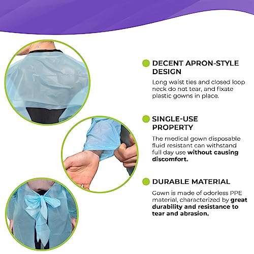 Vestido de isolamento descartável azul AMZ, grande. Pacote com 25 vestidos de proteção descartáveis.
