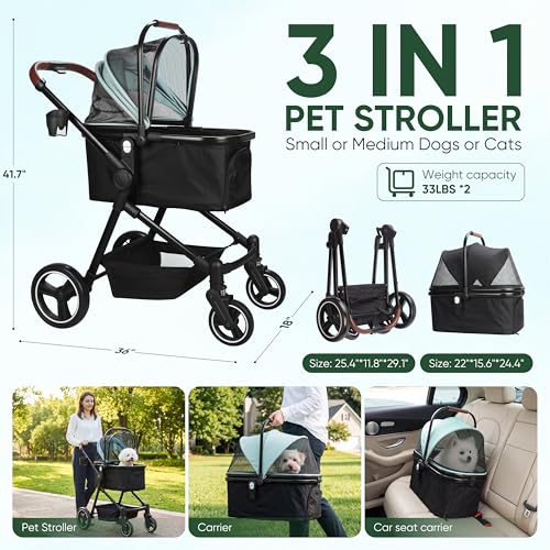 Image of 3-in-1 Foldable Pet Stroller for Dogs & Cats, 33lbs | All-terrain 7 inch /10 inch wheels | Compact storage | Storage basket | Breathable linen | Cup holder & rear brakes