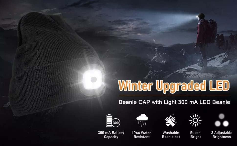 Lighted Beanie Cap Rechargeable Beanie Hat with Rechargeable Torch Light Built in Super Bright 4 LED Head Rechargeable Torch Lamp Hat Unisex One Size Fits All Grey