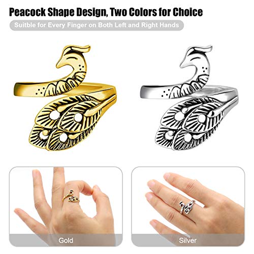 FENGWANGLI 4 Pcs Adjustable Knitting Loop Crochet Ring, Peacock Open Finger Ring for Faster Crocheting, Yarn Guide Finger Holder and Thimble Ring for Knitting