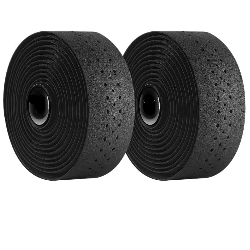 2 Rotoli Nastro Manubrio Bici da Corsa Nero, Pelle PU EVA Antiscivolo, 215cm Ammortizzante per Bicicletta con Tappi Terminali e Strisce Adesive