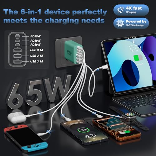 Image of 65W USB C Charger Block,6-Port Multi Device Fast Charger PD QC Wall Adapter | GaN technology saves space and reduces heat,ideal for home,office,travel,wide compatibility for iphone and USBC devices(Green