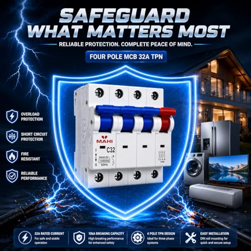 Image of MAHI 32A Four Pole MCB C Curve, Miniature Circuit Breaker with Overload & Short Circuit Protection, 32A Breaking Capacity, Durable Polycarbonate Body for Home & Industrial Use