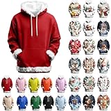 Sudadera Navidad Hombre con Capucha Jersey Navideño Manga Larga con Estampado de Navideño Moda Sueltos Sudadera Esponjosa Otoño Invierno Casual Christmas Sweatshirt Básico Hoodie Ugly Xmas Sweater