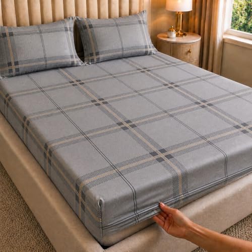 Image of Castiqa 400 TC Cotton Feels All Over Elastic Fitted Bedsheet Set Perfect Upto 10inch Mattress with 2 Matching Pillow Covers Size-18x28inch (Queen Size 60x78, Grey Check)