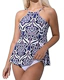 UTTU TRIANGLE High Neck Backless Tankini Swimsuit,Printed Strap Cheeky Two Piece Bathing Suit for Women(Printing-S)