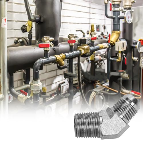 Image of 2503-08-08 Hydraulic Pipe Fitting Replacement 1 /2 inch Male JIC X 1 /2 inch Male Pipe 45 Degree Elbow Adapter Carbon Steel, 3 /4 inch-16 SAE x 1 /2 inch-14 NPTF Thread, 1 /2 inch Male JIC x 1 /2 inch Male NPTF, 0.875 inch Flats