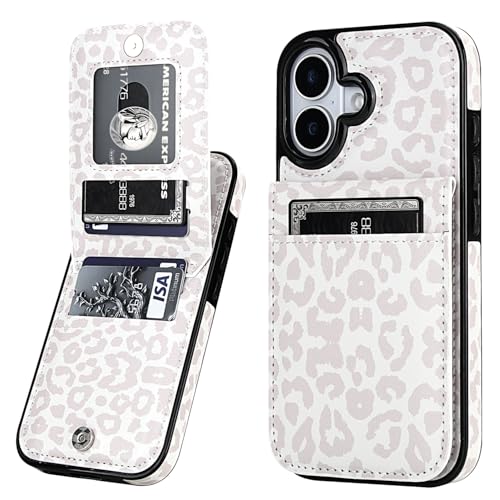 Vaburs Compatible with iPhone 17 Case Wallet with Credit Card Holder, White Leopard Cheetah Pattern Flip Premium PU Leather Magnetic Closure Shockproof Protective Cover 6.3