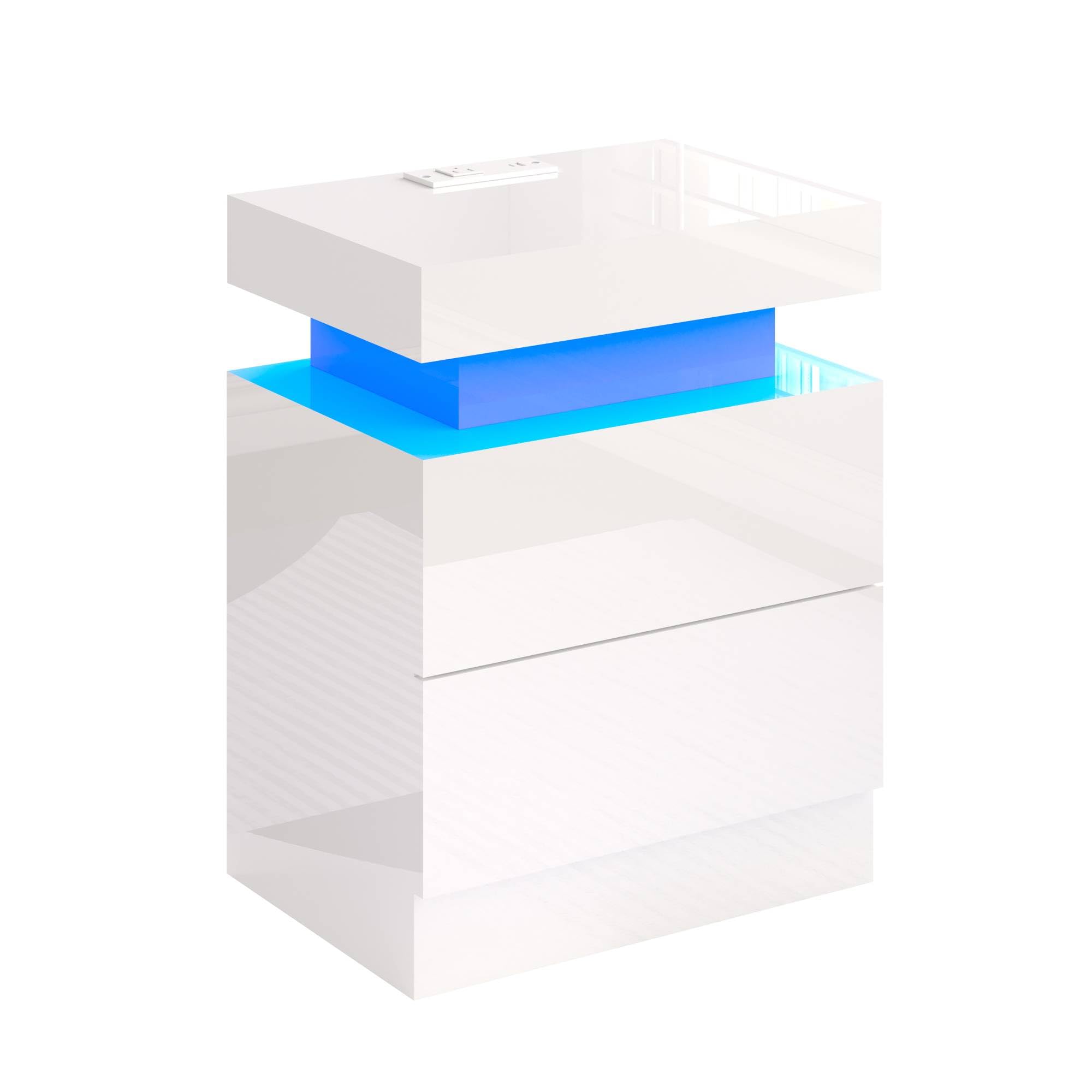 LUXOAK - Set di 2 comodini brillanti con LED e stazione di ricarica - Comodino moderno con 2 cassetti - Tavolino bianco per camera da letto e soggiorno - 58 x 40 x 35 cm