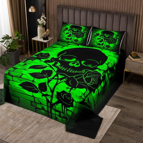 Castle Fairy Skull Silhouette Bedspread King Size Gothic Rose Flower Coverlet Set Kids Bedroom Present Romantic Fashion Neon Green Decor Bedding Set Skeleton Bedding with 2 Pillowcases