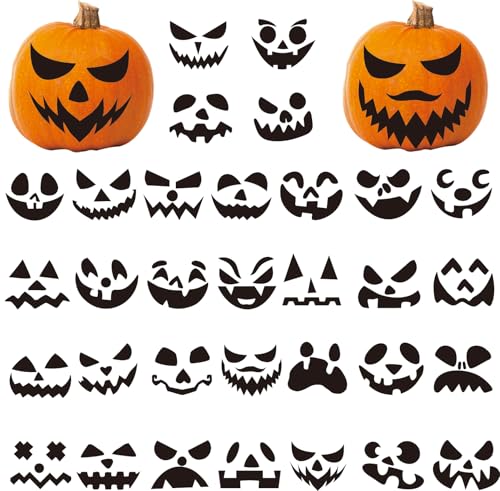 32 Pcs Halloween Pumpkin Decorating Stickers Craft Kits Black Pumpkin Face Template Make Jack-O-Lantern Face Craft Decals for Halloween Decoration Party Supplies Trick or Treat Party.
